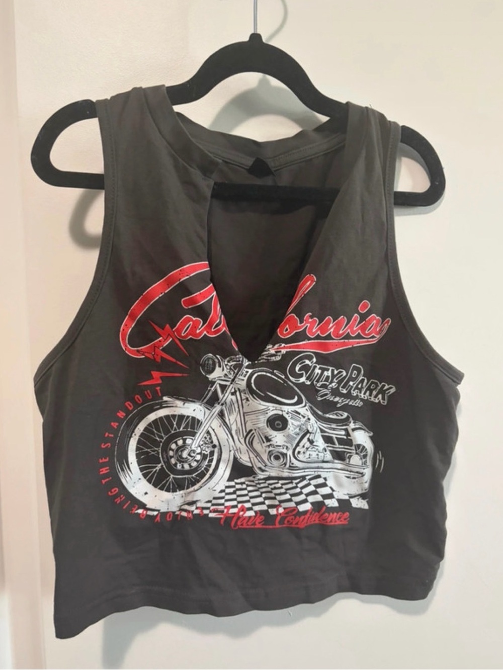 SHEIN Black Crop Tank with Red California & Motorcycle Graphic
